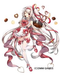 Rule 34 | apron, blush, bow, bowl, chocolate, commentary request, frills, hairband, heart apron, highres, long hair, one eye closed, one side up, red bow, red eyes, sakofu, sennen sensou aigis, silver hair, solo, thighhighs, valentine, whisk, white background, white thighhighs