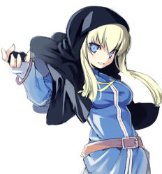 Rule 34 | 1girl, belt, belt buckle, black cape, black gloves, blonde hair, blue dress, blue eyes, breasts, brown belt, buckle, cape, copyright request, dress, fingerless gloves, fingernails, gloves, goenitz, hair between eyes, hood, hooded cape, kurasuke, long hair, looking at viewer, looking to the side, medium breasts, midnight bliss, parted lips, simple background, smile, solo, svc chaos, the king of fighters, the king of fighters &#039;96, white background