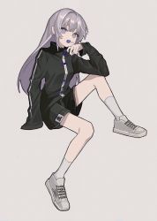 Rule 34 | 1girl, black coat, candy, coat, commentary, earrings, elbow on knee, food, food in mouth, full body, grey background, hand up, highres, jewelry, knee up, lollipop, long hair, long sleeves, looking at viewer, nail polish, original, purple eyes, purple nails, shoes, silver hair, simple background, sitting, sleeves past fingers, sleeves past wrists, sneakers, socks, solo, white footwear, white socks, zumochi