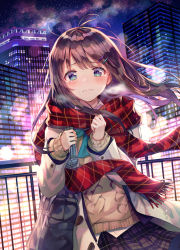 Rule 34 | 1girl, antenna hair, bag, blue eyes, blurry, bokeh, bow, bowtie, brown coat, brown hair, brown skirt, building, cityscape, closed mouth, coat, depth of field, duffel coat, floating hair, fringe trim, frown, hair ornament, hairclip, huwari (dnwls3010), long hair, long sleeves, looking at viewer, night, night sky, original, outdoors, plaid, plaid scarf, plaid skirt, scarf, school bag, school uniform, shirt, skirt, sky, skyscraper, solo, star (sky), starry sky, tears, white shirt, winter clothes