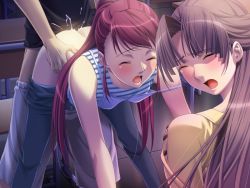 Rule 34 | 1boy, 2girls, alea, arm support, asao ren, bent over, blush, brown hair, caught, classroom, clothed sex, clothes pull, cum, cum in pussy, doggystyle, closed eyes, forced to watch, game cg, ino (magloid), jpeg artifacts, long hair, multiple girls, niimi saya, open mouth, orgasm, panties, pants, pants pull, panty pull, ponytail, red hair, school, sex, sex from behind, striped, tank top, teacher, torso grab, underwear