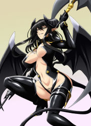 Rule 34 | 1girl, black hair, black thighhighs, breasts, demon girl, earrings, grin, horns, huge breasts, isse, jewelry, long hair, original, pointy ears, smile, solo, tattoo, thigh strap, thighhighs, wings, yellow eyes