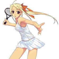 Rule 34 | 1girl, blonde hair, long hair, murakami suigun, non-web source, original, panties, pantyshot, ponytail, racket, red eyes, solo, sportswear, tennis, tennis racket, tennis uniform, underwear