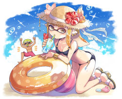 1boy 1girl beach bikini black_bikini blonde_hair breasts cup drinking_glass drinking_straw green_eyes hat inkling inkling_boy inkling_girl inkling_player_character innertube long_hair nintendo sandals shina_shina short_hair shorts small_breasts splatoon_(series) splatoon_2 sun_hat sunglasses swim_ring swimsuit tentacle_hair