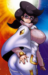 Rule 34 | 10s, 1girl, ass, big hair, breasts, colorized, creatures (company), game freak, glasses, green eyes, highres, large breasts, looking back, nail polish, nintendo, pink-framed eyewear, pink sweater, pokemon, pokemon sm, purple hair, ribbed sweater, simple background, smile, sweater, synecdoche, tisinrei, turtleneck, turtleneck sweater, wicke (pokemon)