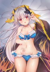 Rule 34 | 1girl, absurdres, bare shoulders, bed, bed sheet, bikini, blue bikini, blush, bow, breasts, cleavage, collarbone, commentary request, detached collar, dragon horns, fate/grand order, fate (series), frilled bikini, frills, from above, groin, hair between eyes, hair bow, hand on own stomach, highres, horns, japanese clothes, kiyohime (fate), kiyohime (fate/grand order), kiyohime (swimsuit lancer) (fate), kiyohime (swimsuit lancer) (third ascension) (fate), large breasts, long hair, looking at viewer, lying, nanahachi, navel, on back, on bed, open mouth, red eyes, ribbon, see-through, shiny skin, silver hair, solo, swimsuit, thigh gap, thighs, wide sleeves, yellow bow, yellow ribbon