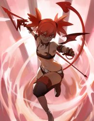 Rule 34 | 1girl, 3four, bat wings, choker, commentary, demon girl, demon tail, demon wings, disgaea, elbow gloves, etna (disgaea), flat chest, gloves, makai senki disgaea, mini wings, miniskirt, navel, polearm, red eyes, red hair, red wings, short shorts, shorts, skirt, smile, solo, spear, tail, thighhighs, twintails, weapon, wings