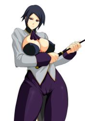 Rule 34 | 1girl, black hair, breasts, cleavage, cleavage cutout, clothing cutout, ascot, elisabeth blanctorche, covered erect nipples, fat mons, huge breasts, jacket, lime (purple haze), pants, riding crop, short hair, solo, the king of fighters