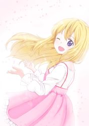 Rule 34 | 1girl, bad id, bad pixiv id, blonde hair, blue eyes, cherry blossoms, commentary request, dress, from side, hair between eyes, happy, highres, long hair, long sleeves, looking at viewer, miyazono kawori, one eye closed, open mouth, piatin, pink dress, shigatsu wa kimi no uso, shirt, simple background, solo, white background, white shirt