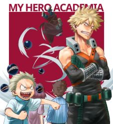 Rule 34 | 5boys, bakugou katsuki, belt, blonde hair, boku no hero academia, bracer, brown hair, clenched teeth, commentary request, copyright name, crossed arms, explosive, gauntlets, grenade, highres, male focus, multiple boys, open mouth, red background, red eyes, red hair, sharp teeth, sneer, spiked hair, tamashiro (boku no hero academia), teeth, two-tone background, upside-down, white background, yoarashi inasa, yomoyama yotabanashi, zipper, zipper pull tab