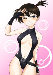 Rule 34 | 1girl, alternate breast size, alternate eye color, alternate hair color, arm at side, bare hips, bare shoulders, belt, black one-piece swimsuit, blue eyes, blush, breasts, breasts apart, brown hair, cameltoe, commentary request, covered collarbone, creatures (company), eyelashes, game freak, grin, gym leader, hand up, head tilt, highleg, highleg swimsuit, highres, looking at viewer, medium breasts, midriff, misty (pokemon), navel, nintendo, one-piece swimsuit, pink background, poke ball, poke ball (basic), pokemon, pokemon: the electric tale of pikachu, short hair, side ponytail, smile, solo, stomach, swimsuit, thigh gap, turtleneck, very short hair, waist poke ball
