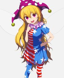 Rule 34 | 1girl, :d, absurdres, american flag dress, blonde hair, breasts, clownpiece, commentary request, fairy wings, feet out of frame, finger to own chin, from above, grey background, hair between eyes, hand on own hip, hat, highres, jester cap, long hair, neck ruff, open mouth, pantyhose, polka dot, purple eyes, shokabatsuki, simple background, small breasts, smile, solo, star (symbol), star print, touhou, v-shaped eyebrows, very long hair, wings