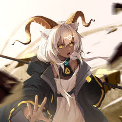 Rule 34 | 1girl, animal ears, arknights, beeswax (arknights), black collar, black jacket, collar, dark-skinned female, dark skin, dress, goat ears, goat girl, goat horns, hair between eyes, highres, holding, holding staff, horns, jacket, long hair, looking at viewer, low twintails, off-shoulder dress, off shoulder, open clothes, open jacket, open mouth, outstretched hand, solo, staff, teeth, twintails, upper body, upper teeth only, white dress, white hair, wu yan qing, yellow eyes