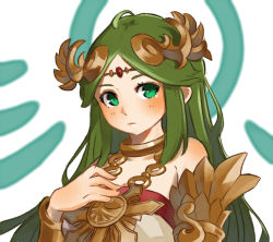 Rule 34 | 1girl, aqua eyes, bare shoulders, circlet, closed mouth, green hair, hand on own chest, hand up, jewelry, kid icarus, long hair, looking at viewer, neck ring, necklace, nintendo, nishikuromori, palutena, parted bangs, simple background, solo, straight hair, strapless, upper body, very long hair, white background