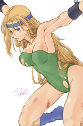 Rule 34 | 1990s (style), 1girl, armpits, arms up, bare shoulders, bdsm, blonde hair, blood, blue eyes, blue footwear, bondage, boots, bound, bound wrists, breasts, bruise, cameltoe, celes chere, chain, cleavage, cuffs, final fantasy, final fantasy vi, from side, groin, headband, highleg, highleg leotard, injury, kneehighs, kneeling, leaning forward, leotard, long hair, looking at viewer, outstretched arms, parted lips, retro artstyle, sideboob, signature, simple background, socks, solo, spread arms, strapless, strapless leotard, taut clothes, thighs, torn clothes, torn leotard, underboob, very long hair, white background, yukihiro