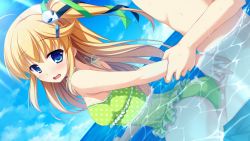 Rule 34 | 1boy, 1girl, ahoge, arm behind back, bare shoulders, blonde hair, blue eyes, blue ribbon, blush, censored, cum, cum on clothes, ejaculation, frilled swimsuit, frills, g.i.b. girls in black, game cg, green one-piece swimsuit, green ribbon, hair ornament, hair ribbon, hairclip, hetero, in water, light rays, long hair, ocean, one-piece swimsuit, open mouth, otonashi sorami, penis under another&#039;s clothes, ribbon, solo focus, sunbeam, sunlight, swimsuit, tenmaso, water, whirlpool (studio)