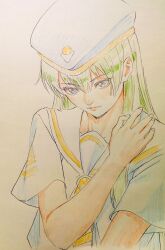 Rule 34 | 1girl, alice carroll, aria (manga), beret, blue eyes, collarbone, commentary request, cwind, eyelashes, gold trim, green hair, hair between eyes, hand up, hat, highres, lips, long hair, looking at viewer, necktie, orange planet uniform, sailor collar, shirt, short sleeves, sidelocks, simple background, solo, traditional media, undine (aria), upper body, white hat, white shirt, yellow necktie