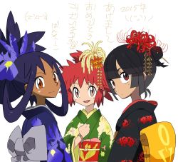 Rule 34 | 2015, 3girls, black hair, brown eyes, commentary request, creatures (company), dark-skinned female, dark skin, floral print, flower, game freak, hair flower, hair ornament, hair ribbon, happy new year, highres, iris (pokemon), japanese clothes, kimono, mairin (pokemon), mayapazoo, multiple girls, name connection, new year, nintendo, pokemon, pokemon (anime), pokemon bw2, pokemon oras, pokemon xy (anime), red eyes, red hair, ribbon, smile, spider lily, spider lily print, teeth, translation request, upper teeth only, zinnia (pokemon)