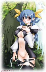 Rule 34 | 1girl, arc system works, asymmetrical wings, blue hair, bottomless, breasts, brown eyes, choker, cleavage, dizzy (guilty gear), guilty gear, hair ribbon, hotarui chihiro, large breasts, leather, navel, no panties, outdoors, pussy, ribbon, solo, strap, tail, thighhighs, uncensored, wings