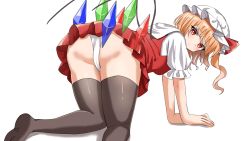 Rule 34 | 1girl, all fours, bent over, black thighhighs, blonde hair, blush, bow, crystal, doggystyle, flandre scarlet, frilled shirt, frilled shirt collar, frilled skirt, frilled sleeves, frills, hat, hat ribbon, highres, kiui (dagk8254), mob cap, panties, pantyshot, red bow, red eyes, red ribbon, red skirt, red vest, ribbon, sex, sex from behind, shirt, short hair, side ponytail, skirt, soles, solo, thighhighs, thong, touhou, underwear, vest, white background, white panties, wings