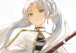 Rule 34 | 1girl, absurdres, capelet, commentary, earrings, elf, frieren, green eyes, highres, holding, holding staff, jewelry, kumah dessu, long hair, looking at viewer, parted lips, pointy ears, signature, simple background, solo, sousou no frieren, staff, twintails, upper body, white background, white capelet, white hair