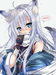 Rule 34 | 1boy, ahoge, akatsuki (ggsy7885), animal ear fluff, animal ears, blue eyes, blush, clothing request, commentary request, fingerless gloves, gloves, hair between eyes, hand to own mouth, hand up, highres, long hair, looking at viewer, original, silver hair, simple background, solo, spoken blush, trap, upper body, white background, wide sleeves