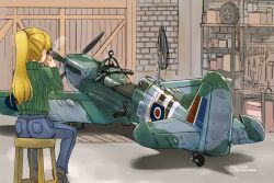 Rule 34 | 1girl, aircraft, airplane, artist name, back, blonde hair, boots, camouflage, chair, cup, dated, denim, drinking, from behind, garage, hair ornament, highres, holding, holding cup, indoors, jeans, long hair, long sleeves, original, pants, ponytail, propeller, sitting, solo, steam, supermarine spitfire, sweater, tokihama jirou, turtleneck, turtleneck sweater, vehicle focus
