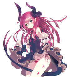 Rule 34 | 10s, 1girl, asymmetrical horns, black skirt, blue eyes, blush, corset, detached sleeves, dragon tail, elizabeth bathory (fate), elizabeth bathory (fate/extra ccc), elizabeth bathory (first ascension) (fate), fate/extra, fate/extra ccc, fate (series), horns, long hair, looking at viewer, panties, pink hair, pointy ears, side-tie panties, simple background, skirt, smile, solo, striped clothes, striped panties, tail, tanaka ken&#039;ichi, underwear, uneven horns, white background