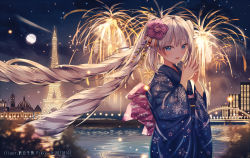 Rule 34 | 1girl, :d, blue eyes, blue kimono, blush, building, city lights, cityscape, commentary, eiffel tower, fate/apocrypha, fate (series), fireworks, floral print, flower, full moon, hair flower, hair ornament, highres, japanese clothes, junpaku karen, kimono, long hair, long sleeves, looking at viewer, marie antoinette (fate), moon, night, night sky, obi, open mouth, own hands together, river, sash, silver hair, sky, smile, solo, twintails, very long hair, water, wide sleeves
