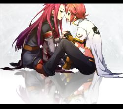 Rule 34 | 00s, 2boys, asch (tales), bad id, bad pixiv id, green eyes, holding hands, imminent kiss, kuzumiya yuyu, letterboxed, long hair, luke fon fabre, male focus, multiple boys, open mouth, red hair, reflection, surcoat, tales of (series), tales of the abyss