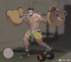 Rule 34 | 1boy, abs, animal print, bara, barbell, bear print, beard, black male underwear, bulge, chenxiaocheng923, dark-skinned male, dark skin, dolphin shorts, dumbbell, exercise, facial hair, frown, full body, gym, highres, large pectorals, leg hair, male focus, male underwear, male underwear peek, mature male, muscular, muscular male, navel, navel hair, nike (company), nipples, original, pectorals, shoes, short hair, shorts, sneakers, solo, standing, sweat, thighs, undercut, underwear, weightlifting, yellow shorts