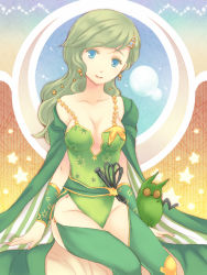 Rule 34 | 1990s (style), 1girl, abstract background, bad id, bad pixiv id, blue eyes, breasts, cape, cleavage, collarbone, creature, crescent, crescent moon, earrings, final fantasy, final fantasy iv, green hair, hair ornament, hairclip, head tilt, jewelry, leotard, light smile, long hair, looking at viewer, moon, off shoulder, aged up, rydia (ff4), sash, shiranami, sitting, solo, star (symbol), star earrings, strap slip, thighhighs, whip, wristband