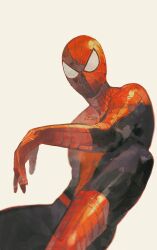 Rule 34 | 1boy, black bodysuit, bodysuit, commentary request, highres, male focus, marvel, mask, red bodysuit, red mask, roku0180, simple background, sitting, solo, spider-man, spider-man (series), spider web print, superhero, two-tone bodysuit, white background