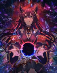 Rule 34 | 1girl, absurdres, animal ears, black hair, card, commentary, darkness, death (granblue fantasy), earrings, english commentary, erune, glowing, glowing eyes, granblue fantasy, highres, jewelry, long hair, nier (granblue fantasy), red eyes, runemill, solo, tarot, tears, twitter username