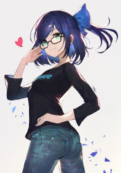 Rule 34 | 1girl, a-chan (1st costume) (hololive), a-chan (hololive), absurdres, ass, blue hair, blue ribbon, closed mouth, commentary, copyright name, from behind, glasses, green eyes, grey background, hair ribbon, half updo, hand on own hip, heart, highres, hololive, jun wei, looking at viewer, ribbon, simple background, smile, solo, swept bangs, twisted torso, virtual youtuber