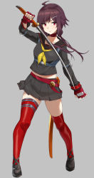 Rule 34 | 1girl, absurdres, black choker, black footwear, black hair, black serafuku, black shirt, black skirt, breasts, choker, closed mouth, collarbone, contrapposto, fingerless gloves, full body, gloves, grey background, hair ornament, highres, holding, holding sword, holding weapon, hotate-chan, katana, legs apart, long hair, long sleeves, looking at viewer, low twintails, medium breasts, midriff peek, miniskirt, neckerchief, original, pleated skirt, red eyes, red gloves, red thighhighs, reverse grip, sailor collar, scabbard, school uniform, serafuku, sheath, shirt, shoes, sidelocks, simple background, skirt, solo, standing, sword, thighhighs, twintails, weapon, zettai ryouiki