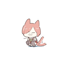 Rule 34 | 1boy, :3, animal ears, blush stickers, cat boy, cat ears, cat tail, chibi, closed eyes, closed mouth, english text, final fantasy, final fantasy xiv, full body, g&#039;raha tia, kinmoku sei3, motion lines, red hair, red shirt, shirt, simple background, smile, solo, squatting, tail, tail wagging, white background