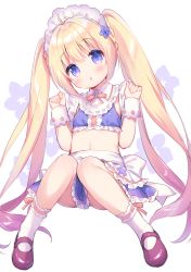 Rule 34 | 1girl, :o, ahoge, apron, blonde hair, blush, braid, breasts, clothes between thighs, commentary request, crop top, flower, flower knight girl, frilled apron, frilled skirt, frills, hair between eyes, hair flower, hair ornament, hands up, head tilt, heliotrope (flower knight girl), highres, knees together feet apart, long hair, looking at viewer, maid headdress, mary janes, name connection, navel, object namesake, parted lips, pleated skirt, purple eyes, purple flower, purple shirt, purple skirt, red footwear, ribbon-trimmed legwear, ribbon trim, shirt, shoes, sidelocks, sitting, skirt, sleeveless, sleeveless shirt, small breasts, socks, solo, twintails, usashiro mani, very long hair, waist apron, white apron, white socks