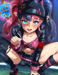 Rule 34 | 1girl, ?, animal ears, ass, beanie, black hair, black headwear, black jacket, cameltoe, cat ears, crop top, defeat, hat, heart, heart-shaped pupils, highres, hypnosis, jacket, jewelry, looking at viewer, magukappu, mind control, miniskirt, multicolored hair, open clothes, open jacket, open mouth, palworld, paw pose, pendant, pink eyes, pink hair, ringed eyes, skirt, smile, squatting, sweat, sweatdrop, symbol-shaped pupils, thighhighs, tongue, tongue out, torn clothes, torn thighhighs, twintails, two-tone hair, zoe rayne
