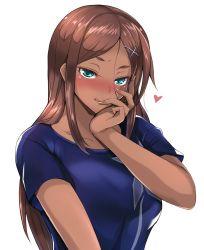 Rule 34 | 10s, 1girl, :q, ahagon umiko, blue eyes, blue shirt, blush, breasts, brown hair, collarbone, dark-skinned female, dark skin, hair ornament, heart, kumakichi (cost-lost), large breasts, licking lips, long hair, looking at viewer, naughty face, new game!, nose blush, parted bangs, shirt, short sleeves, solo, t-shirt, tongue, tongue out, upper body, white background, x hair ornament