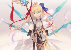 Rule 34 | 1girl, ahoge, armor, armored dress, artoria caster (fate), artoria caster (third ascension) (fate), artoria pendragon (fate), blonde hair, breasts, bubble, crown, fate/grand order, fate (series), gloves, green eyes, highres, holding, holding staff, kodamazon, long hair, long sleeves, looking at viewer, medium breasts, solo, staff, upper body