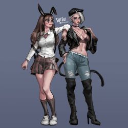 Rule 34 | 2girls, animal ears, arm on shoulder, ashe (overwatch), asymmetrical hair, black jacket, black skirt, blue eyes, boots, breasts, brown hair, cat tail, collar, contrapposto, d.va (overwatch), denim, facial mark, fake animal ears, full body, grey background, hand on own hip, high heel boots, high heels, highres, jacket, jeans, kemonomimi mode, leather, leather jacket, lips, lipstick, makeup, medium breasts, mole, mole above mouth, multiple girls, open clothes, open jacket, over-kneehighs, overwatch, overwatch 1, pants, plaid, plaid skirt, rabbit ears, shirt, shoes, short hair, silver hair, skirt, sneakers, socks, strap gap, suisui again, tail, thigh boots, thighhighs, torn clothes, torn jeans, torn pants, whisker markings, white shirt