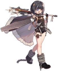 Rule 34 | 1girl, ark order, belt, black cape, black dress, black footwear, black gloves, black hair, black panties, bob cut, boots, cape, chain, circular saw, cuffs, cyclops (ark order), dress, eyepatch, frilled dress, frills, full body, fur-trimmed cape, fur trim, gears, gloves, hammer, holding, holding weapon, looking at viewer, official art, panties, pointing, pointing at viewer, pouch, saw, shackles, short hair, sidelocks, solo, tachi-e, thigh pouch, thigh strap, tongs, transparent background, underwear, variant set, walking, weapon, you ni ge shaobing