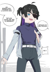 Rule 34 | 1girl, ahoge, aqua eyes, belt, black hair, black pants, blue jacket, blush, colored inner hair, commentary request, detached ahoge, eyepatch, highres, indonesian commentary, indonesian text, ita (roh anima), jacket, long hair, long sleeves, looking at viewer, multicolored hair, one eye covered, open mouth, original, pants, purple hair, purple sweater, roh anima, sidelocks, solo, speech bubble, standing, sweatdrop, sweater, translation request, turtleneck, turtleneck sweater, two side up, upper body, white belt