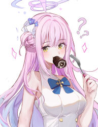 Rule 34 | 1girl, ?, absurdres, bare shoulders, blue archive, bow, bowtie, breasts, cake, dana (hapong07), eating, food, fork, gradient hair, hair bun, hair ornament, halo, hand up, highres, holding, holding fork, medium breasts, mika (blue archive), mouth hold, multicolored hair, pink hair, shirt, sidelocks, single side bun, sleeveless, sleeveless shirt, solo, sparkle, swiss roll, upper body, white shirt, yellow eyes