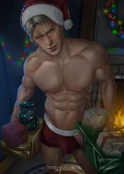 Rule 34 | 1boy, abs, bara, blonde hair, box, boxer briefs, bulge, christmas, christmas lights, christmas ornaments, closed mouth, facial hair, gift, gift box, hat, highres, holding, holding gift, large pectorals, male focus, male underwear, muscular, muscular male, navel, nipples, pectorals, red male underwear, reiner braun, santa hat, shingeki no kyojin, short hair, solo, thighs, underwear, urielbeaupre15