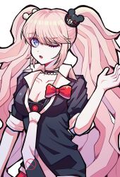 Rule 34 | 1girl, ;o, bear hair ornament, black choker, black necktie, blue eyes, bow, breasts, choker, cleavage, collarbone, danganronpa: trigger happy havoc, danganronpa (series), enoshima junko, gradient background, hair ornament, hand up, highres, large breasts, mori32d, necktie, one eye closed, open mouth, red bow, red skirt, shirt bow, skirt, solo, twintails, white necktie