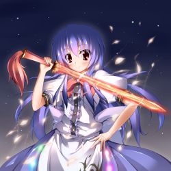 Rule 34 | 1girl, apron, bad id, bad pixiv id, blue hair, bow, dress, embers, female focus, gradient background, hand on own hip, highres, hinanawi tenshi, hip focus, long hair, midoriiro no shinzou, night, petals, red eyes, smile, solo, star (symbol), sword, sword of hisou, touhou, weapon