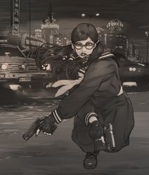 Rule 34 | 1girl, absurdres, car, cigarette, city, delinquent, dual wielding, glasses, grey eyes, greyscale, gun, handgun, highres, holding, holding gun, holding weapon, in mouth, long skirt, monochrome, motor vehicle, original, pistol, round eyewear, sailor collar, skirt, smoking, solo, squatting, sukeban, twintails, v-shaped eyebrows, vigwer, weapon