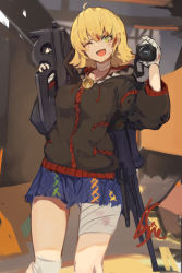 Rule 34 | 1girl, :3, :d, ahoge, assault rifle, bandaged leg, bandaged neck, bandages, black hoodie, blonde hair, blue skirt, bullpup, camera, commentary request, green eyes, gun, hand up, head tilt, highres, holding, holding camera, hood, hoodie, lansane, long sleeves, looking at viewer, one eye closed, open mouth, original, rifle, signature, simple background, skirt, smile, solo, standing, weapon